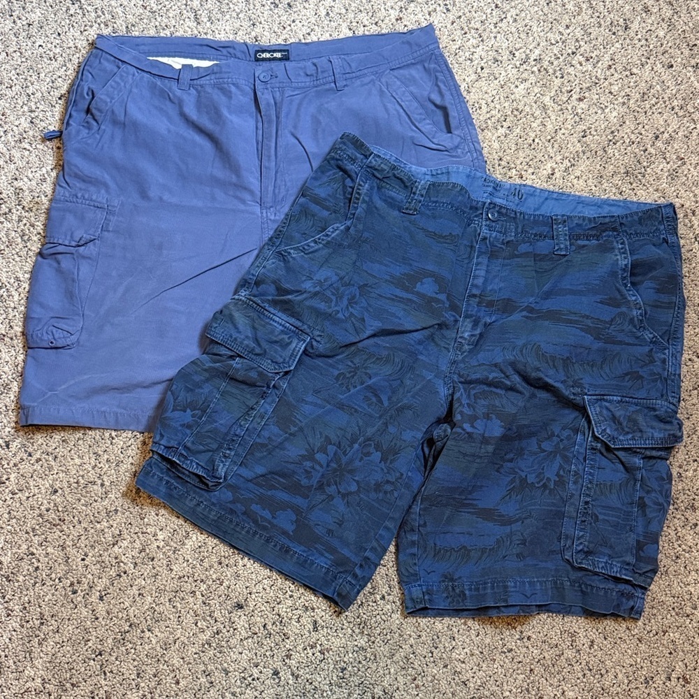 2 Pair Men’s Cargo Shorts Old Navy Broken-In Blue Tropical Print Cherokee Blue